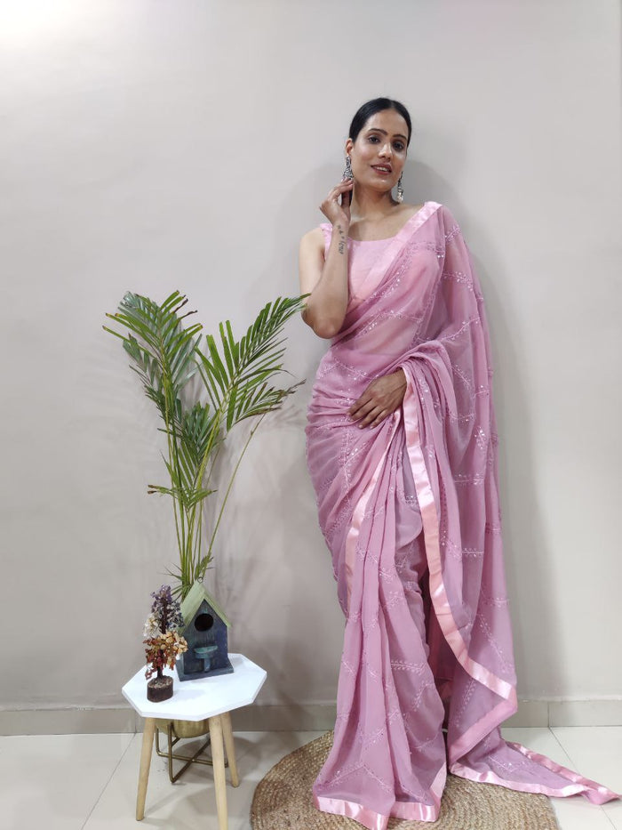 Premium Georgette Embellished with beautiful Embroidery And sequins work Saree Lavender Color - qivii