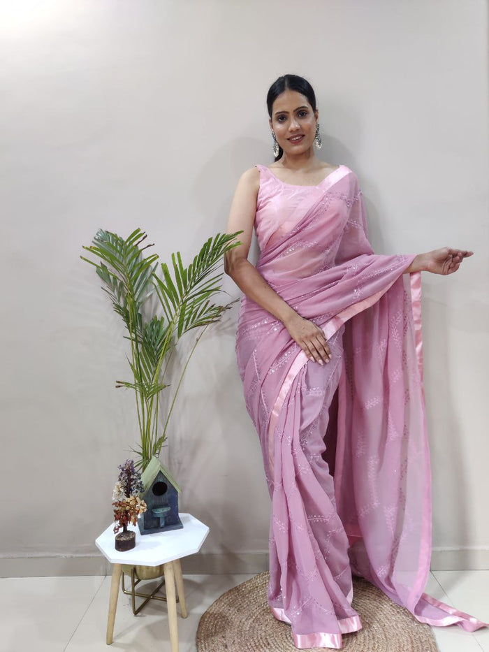 Premium Georgette Embellished with beautiful Embroidery And sequins work Saree Lavender Color - qivii