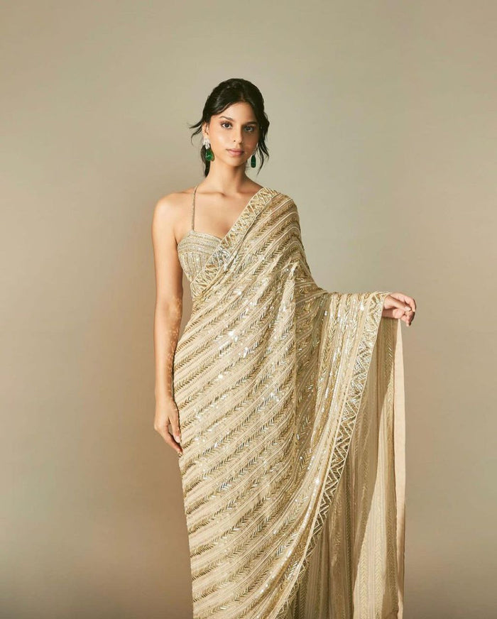 Premium Georgette Embellished With Embroidery Sequins Work With Lace Border - Inspired - qivii