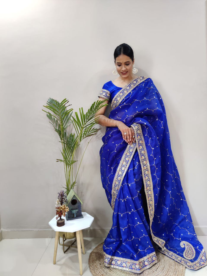 Premium Khadi Organza Silk Embellished With Sequins Work - qivii