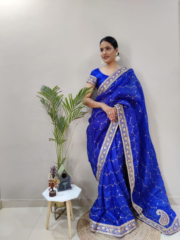 Premium Khadi Organza Silk Embellished With Sequins Work - qivii