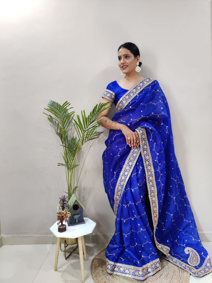 Premium Khadi Organza Silk Embellished With Sequins Work - qivii