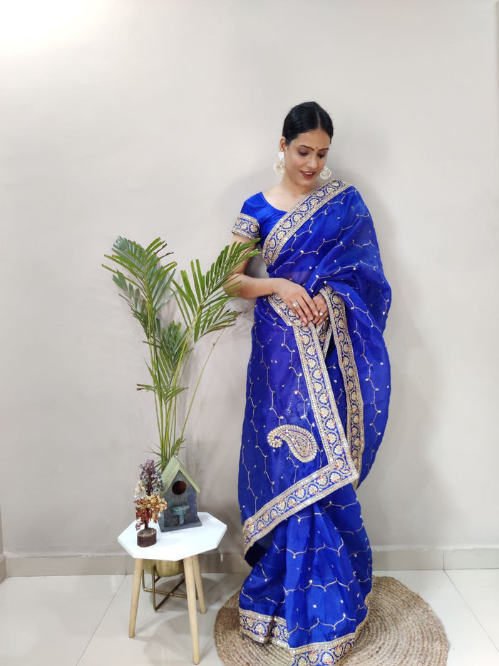 Premium Khadi Organza Silk Embellished With Sequins Work - qivii