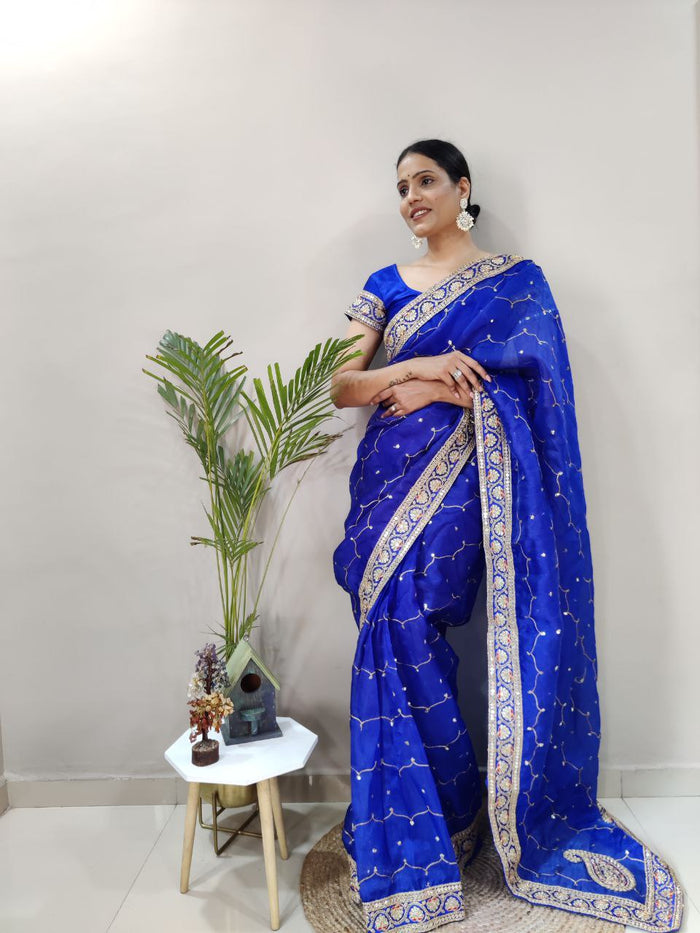 Premium Khadi Organza Silk Embellished With Sequins Work - qivii