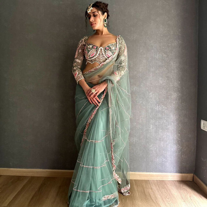 Premium Net Embellished With Beautiful Embroidery,Dori And Sequins Work Saree - INSPIRED - qivii