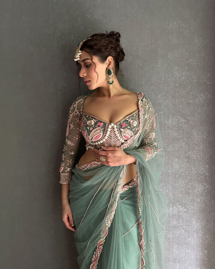Premium Net Embellished With Beautiful Embroidery,Dori And Sequins Work Saree - INSPIRED - qivii