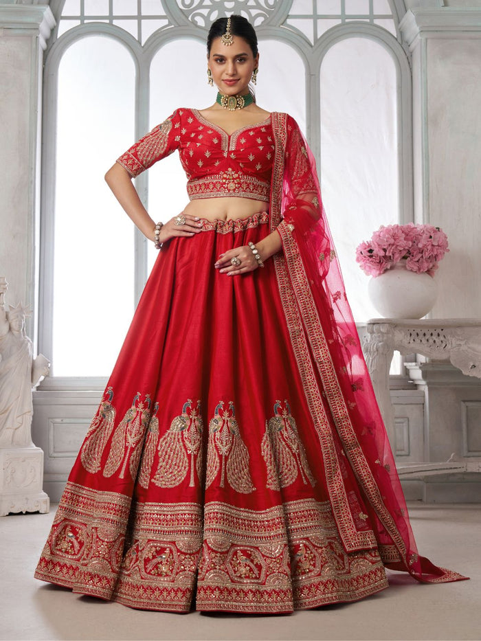 Premium Red Silk Lehenga Set with Peacock-Inspired Craftsmanship