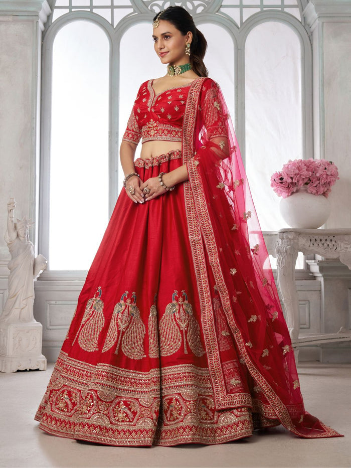 Premium Red Silk Lehenga Set with Peacock-Inspired Craftsmanship