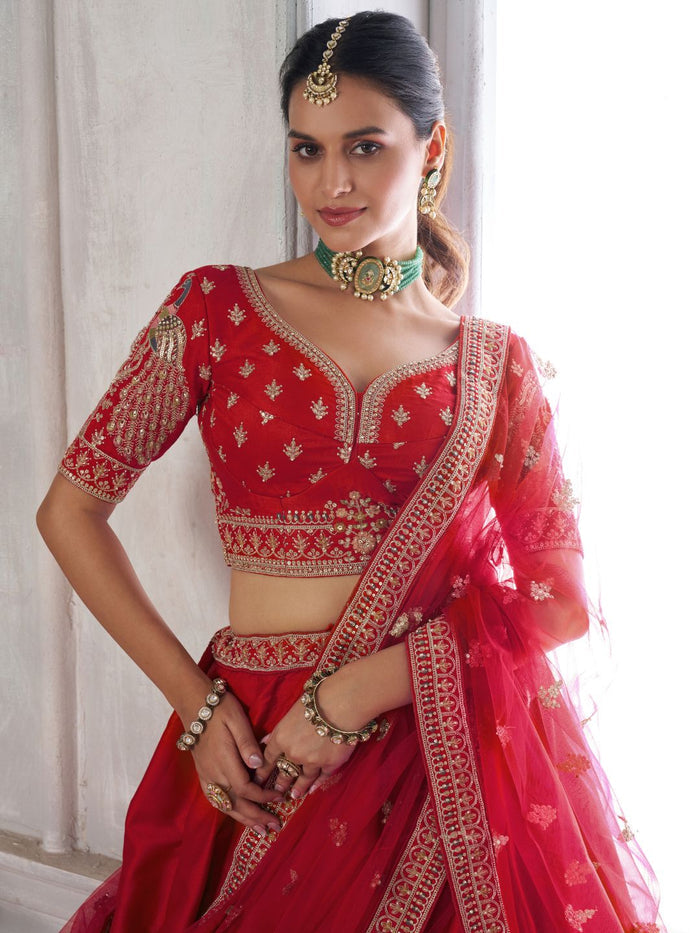 Premium Red Silk Lehenga Set with Peacock-Inspired Craftsmanship