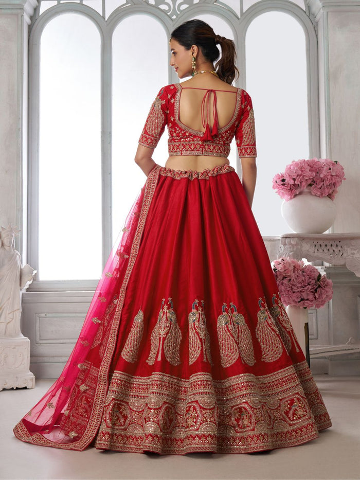 Premium Red Silk Lehenga Set with Peacock-Inspired Craftsmanship
