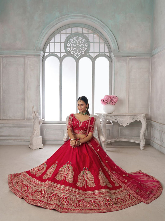 Premium Red Silk Lehenga Set with Peacock-Inspired Craftsmanship