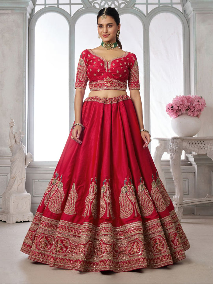 Premium Red Silk Lehenga Set with Peacock-Inspired Craftsmanship