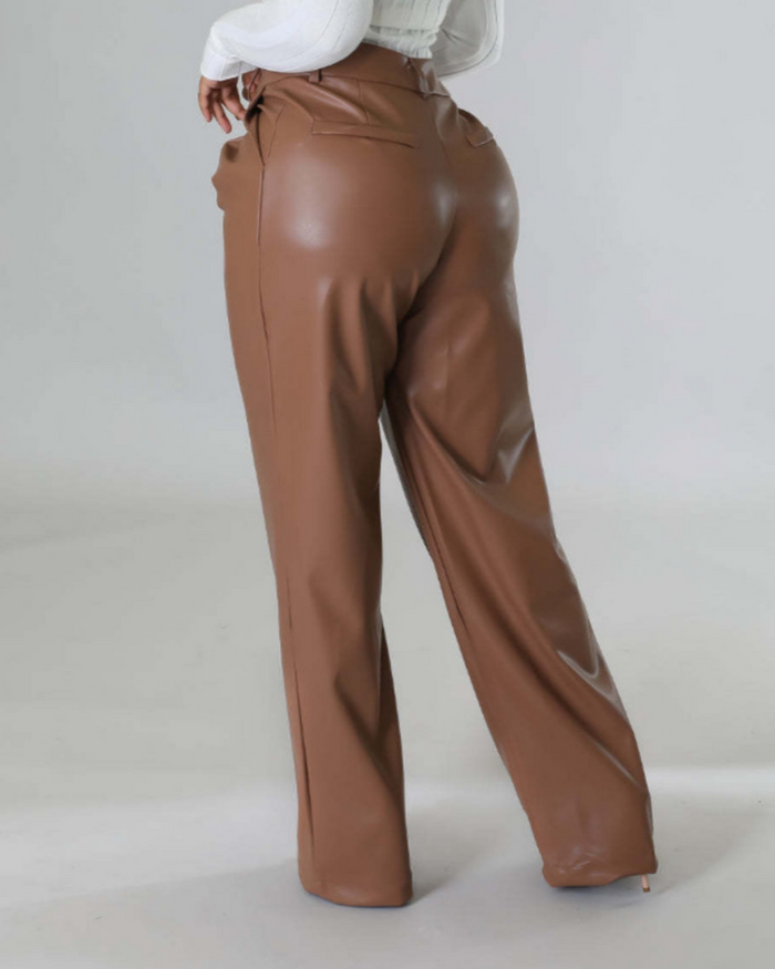 PU Leather Loose Wide-leg Pocket Casual Leather Pants  - By Qivii