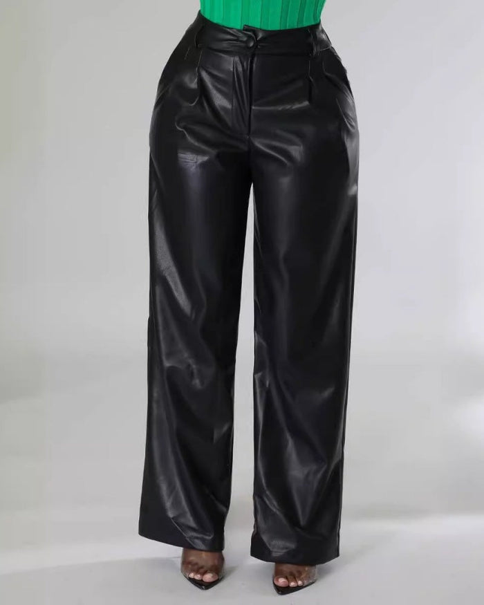 PU Leather Loose Wide-leg Pocket Casual Leather Pants  - By Qivii