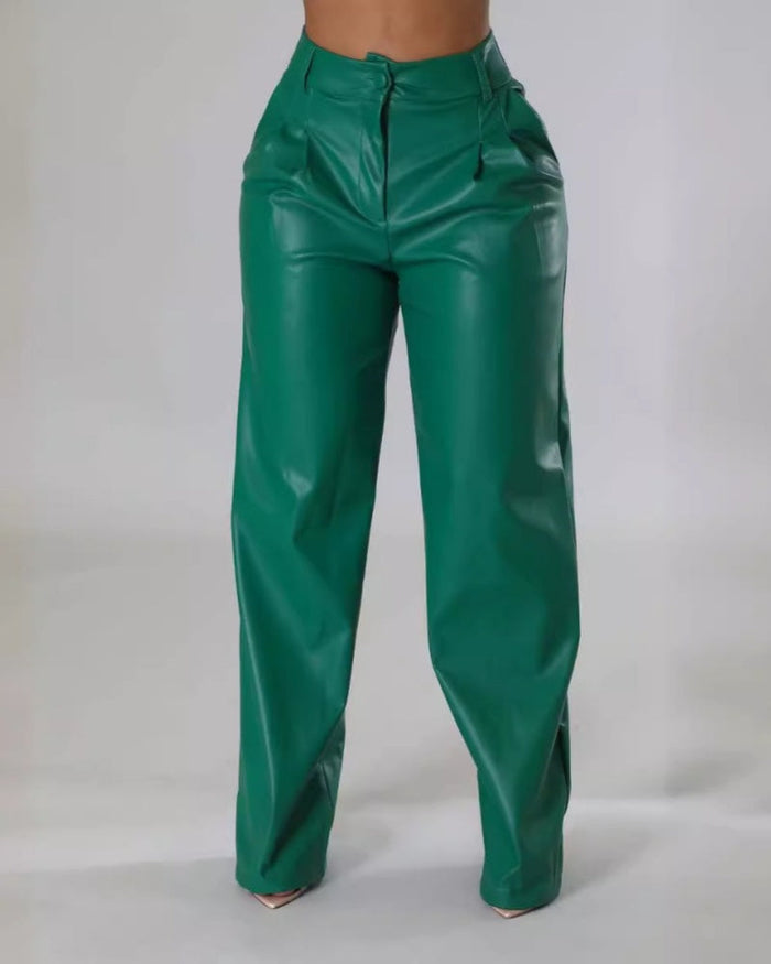 PU Leather Loose Wide-leg Pocket Casual Leather Pants  - By Qivii