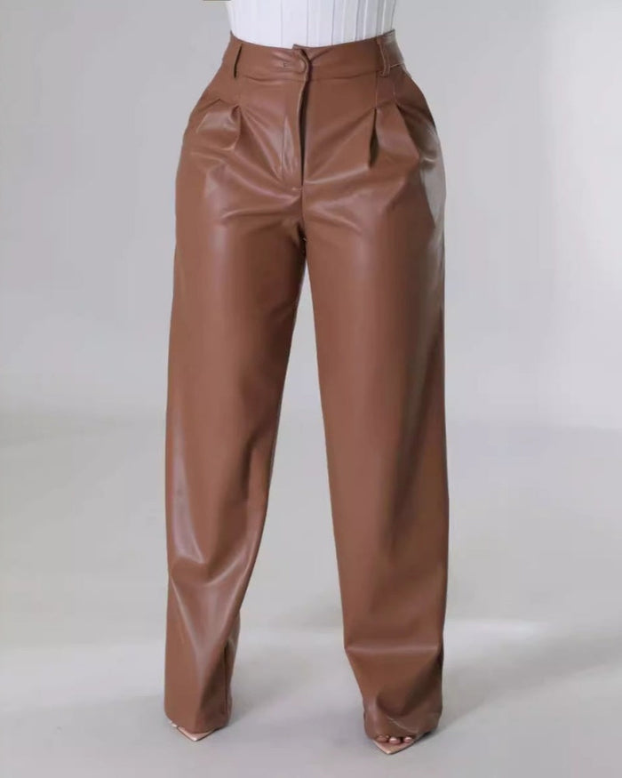 PU Leather Loose Wide-leg Pocket Casual Leather Pants  - By Qivii