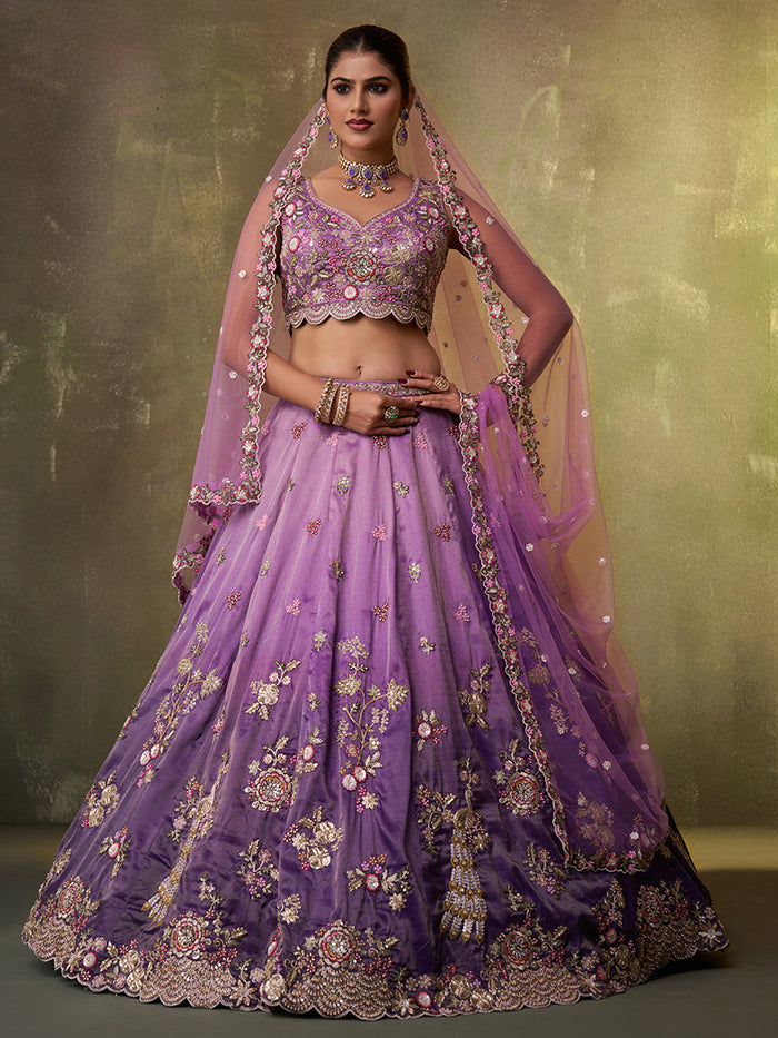 PURPLE - Tissue Fabric Sequins embroidery Lehenga & Unstitched Blouse With Dupatta