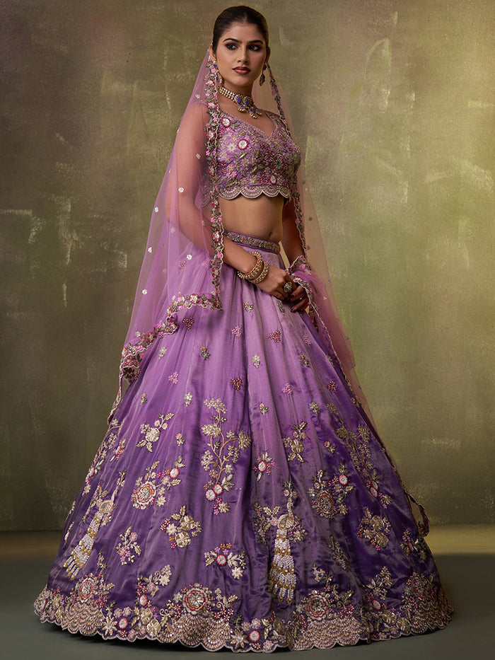 PURPLE - Tissue Fabric Sequins embroidery Lehenga & Unstitched Blouse With Dupatta