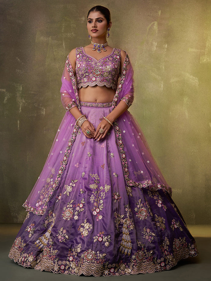 PURPLE - Tissue Fabric Sequins embroidery Lehenga & Unstitched Blouse With Dupatta