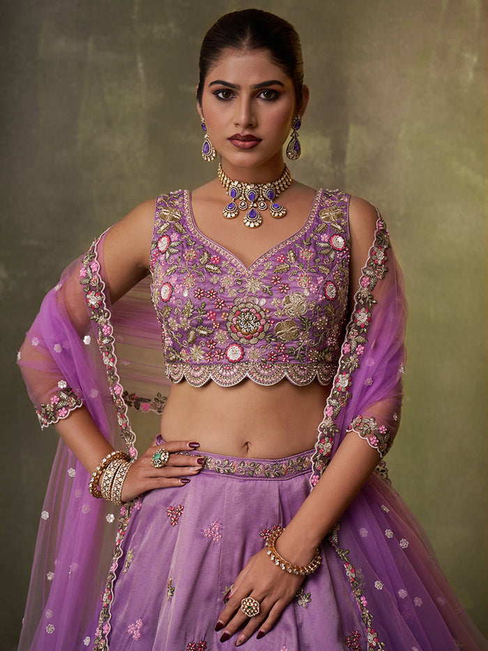 PURPLE - Tissue Fabric Sequins embroidery Lehenga & Unstitched Blouse With Dupatta
