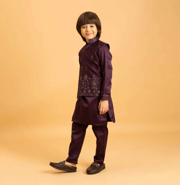 Purple Brown Kurta Set With Mirror & Sequins Embroidered Koti