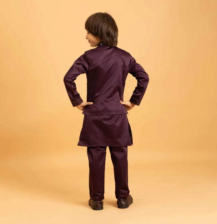 Purple Brown Kurta Set With Mirror & Sequins Embroidered Koti