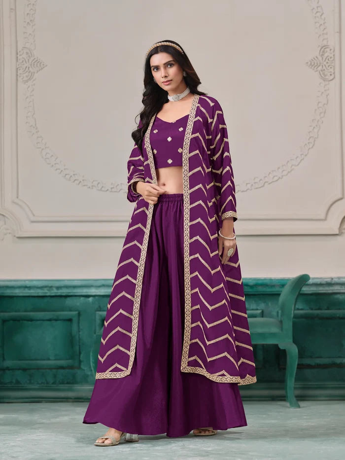Purple Chinon Indo-Western Set With Embroidery Work