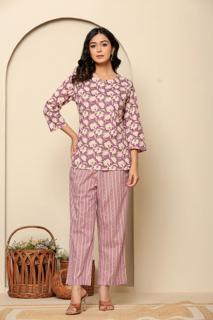 Purple Printed Cotton Co- Ord Set