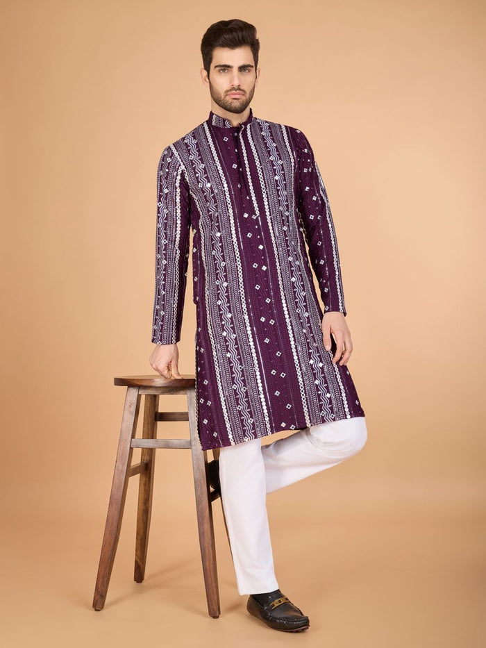 PURPLE PURE VISCOSE RAYON THREAD, SEQUENCE & FOIL MIRROR EMBROIDERED WORK KURTA - qivii