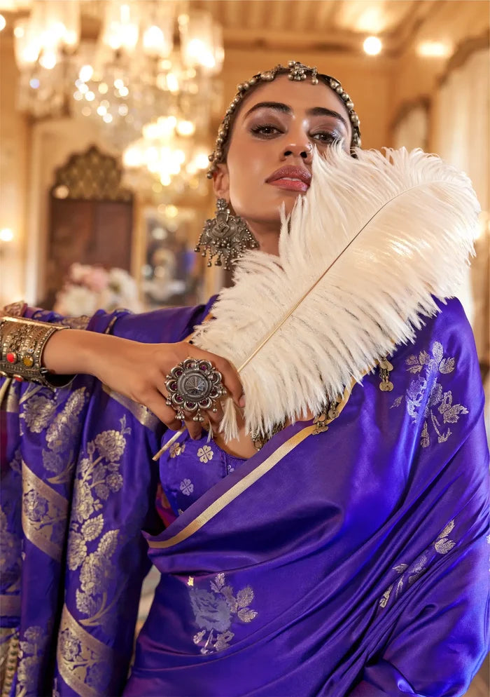 Purple Satin Handloom Zari Weaving silk Saree