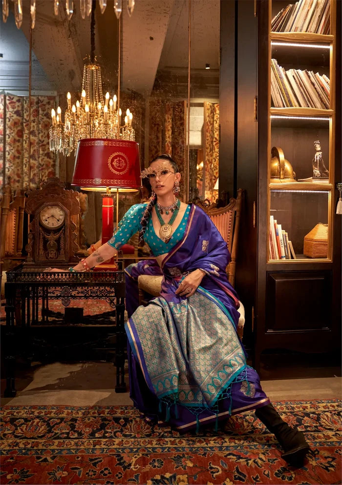 Purple Two Tone Satin Handloom Weaving Silk Saree