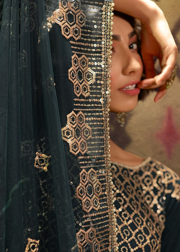 Rama Green Designer Soft Net Sharara Suit with overall Sequins work - qivii