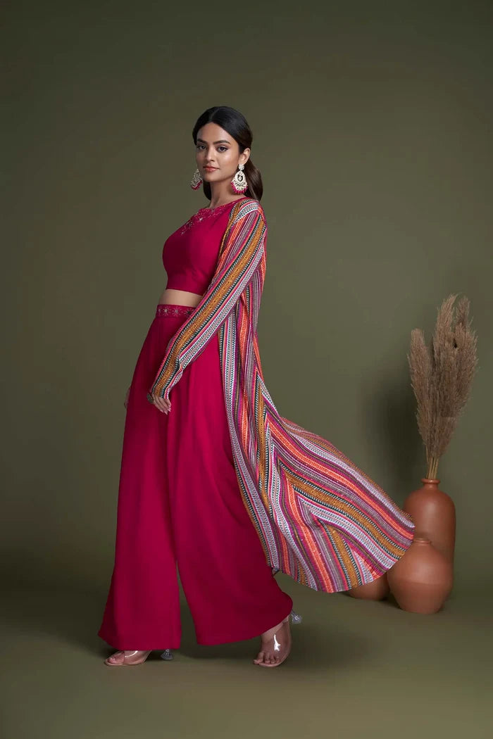 Rani Pink Georgette Embroidery Work Co-ord Set
