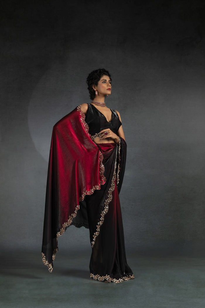 Red & Blacl Two Tone Shaded Satin Silk With Zarkan Handwork & Cut Work Border Saree - qivii