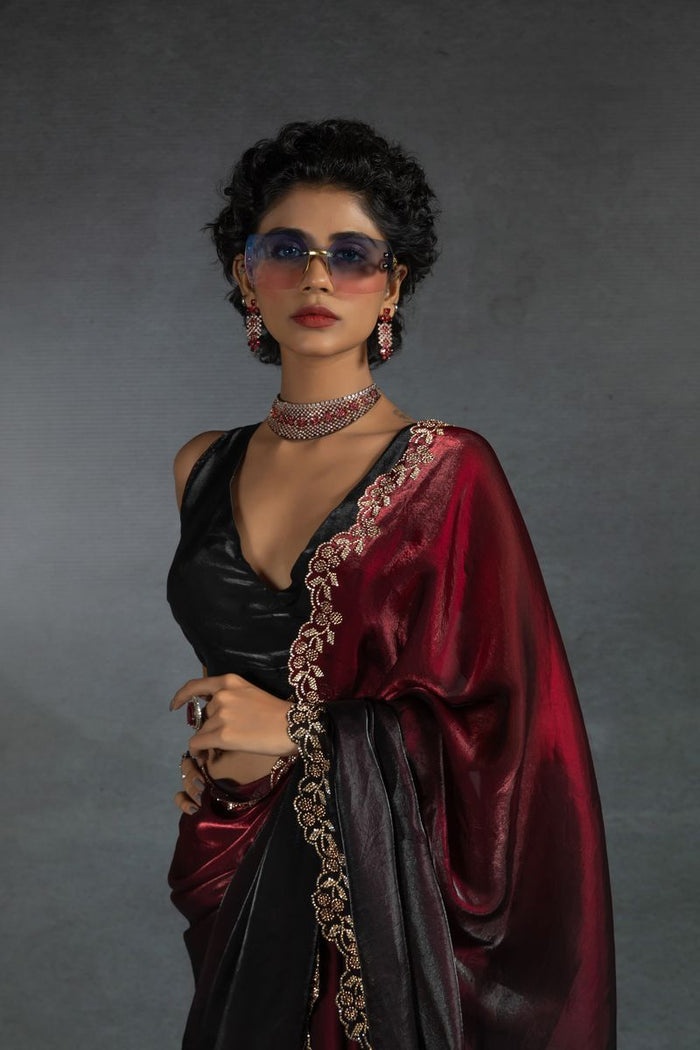 Red & Blacl Two Tone Shaded Satin Silk With Zarkan Handwork & Cut Work Border Saree - qivii