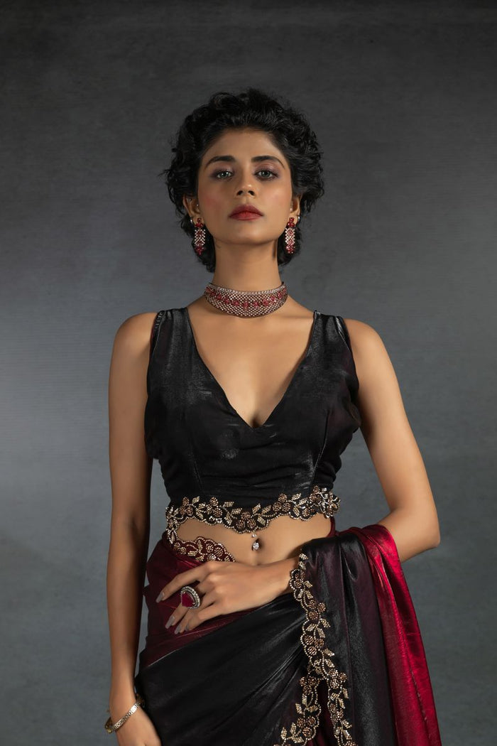 Red & Blacl Two Tone Shaded Satin Silk With Zarkan Handwork & Cut Work Border Saree - qivii