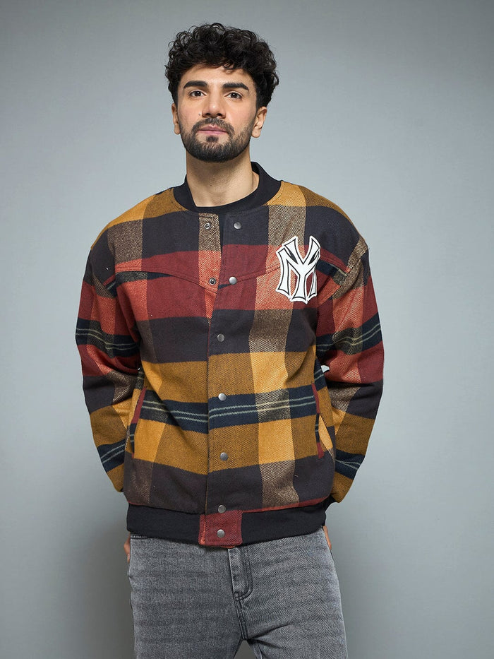 Red Checkered NY Monogram Flannel Bomber Jacket
