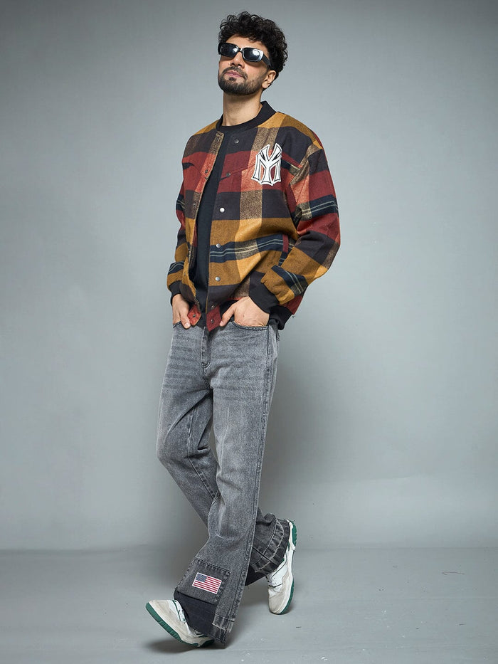 Red Checkered NY Monogram Flannel Bomber Jacket