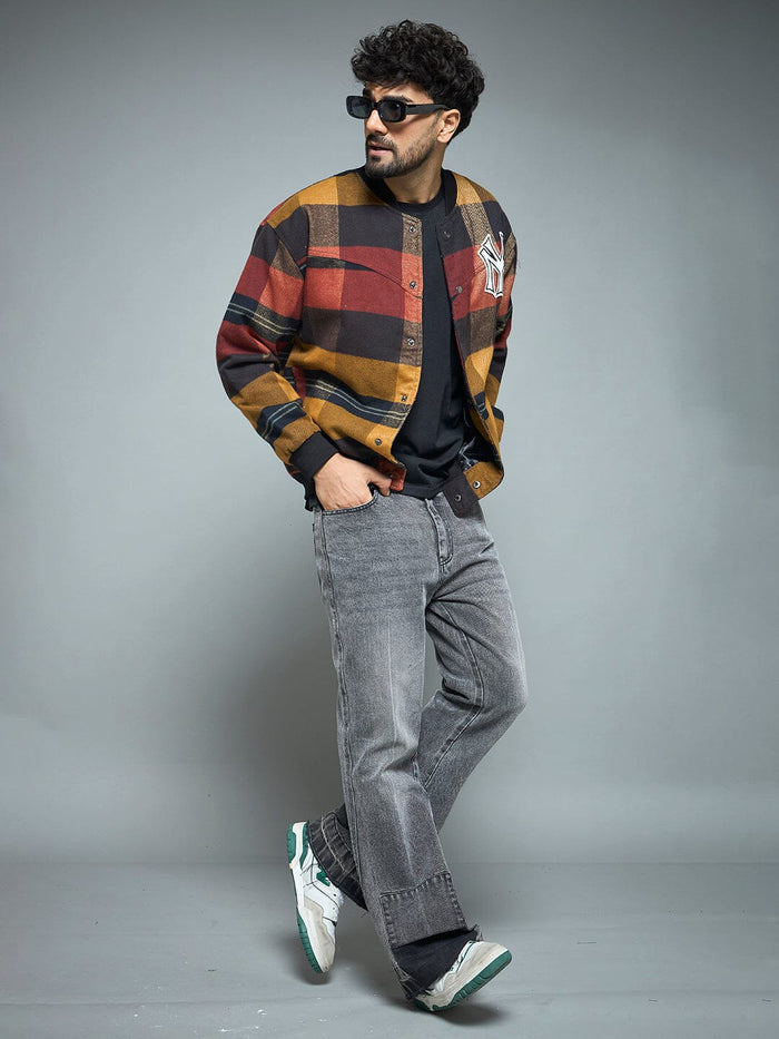 Red Checkered NY Monogram Flannel Bomber Jacket