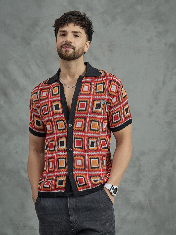 Red Crochet Pattern Knitted Shirt