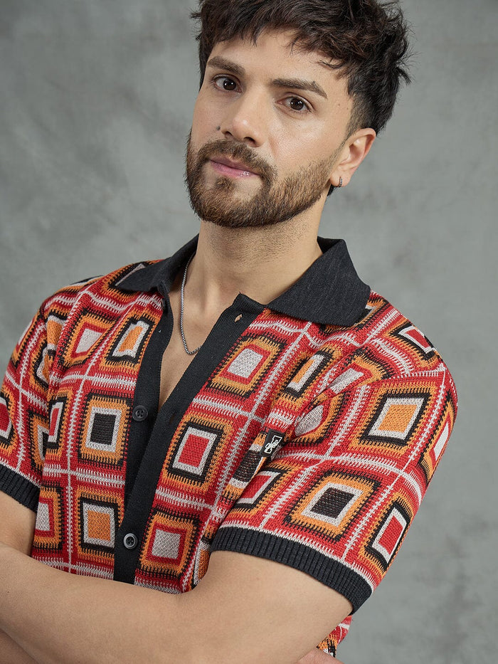 Red Crochet Pattern Knitted Shirt