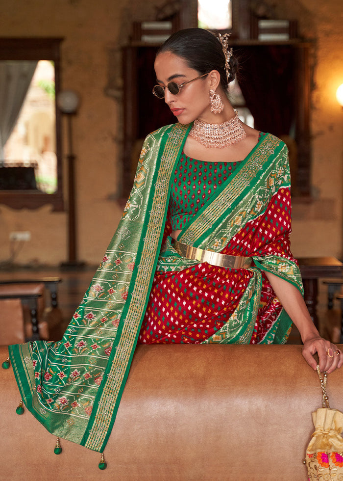 Red & Green Printed Patola Silk Saree with Tassels on Pallu - qivii
