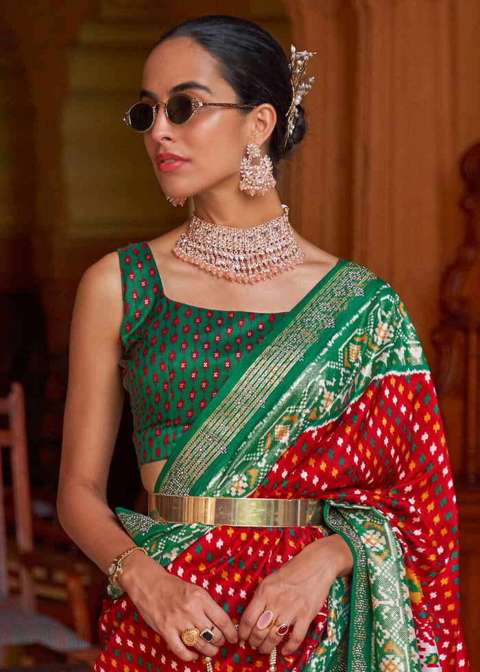 Red & Green Printed Patola Silk Saree with Tassels on Pallu - qivii