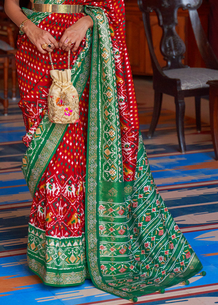 Red & Green Printed Patola Silk Saree with Tassels on Pallu - qivii