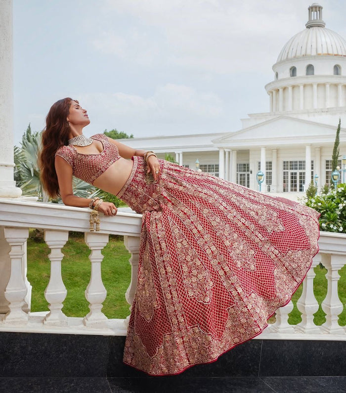 Red Premium Malai Satin Embellished With Beautiful Embroidery ,Dori, Coding, Jari Work Lehenga - INSPIRED | Ready To Wear - qivii