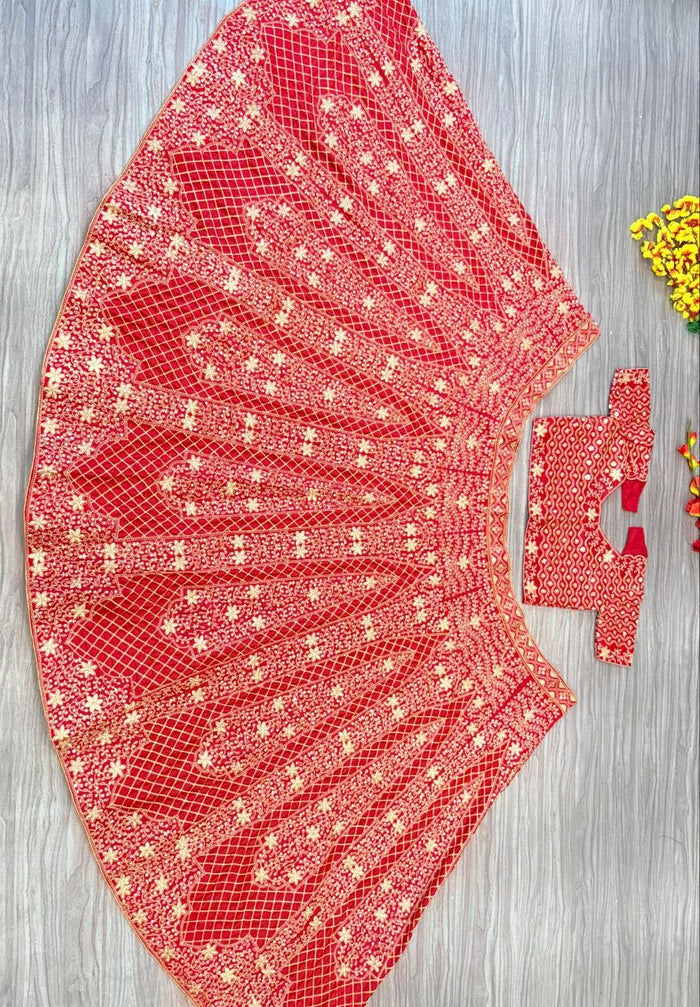 Red Premium Malai Satin Embellished With Beautiful Embroidery ,Dori, Coding, Jari Work Lehenga - INSPIRED | Ready To Wear - qivii