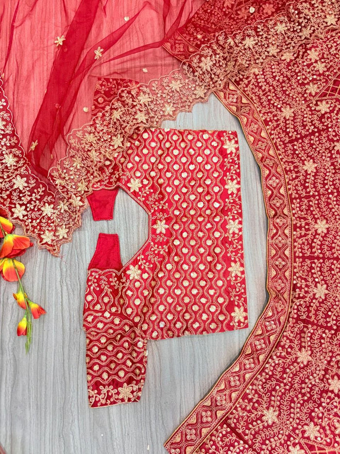 Red Premium Malai Satin Embellished With Beautiful Embroidery ,Dori, Coding, Jari Work Lehenga - INSPIRED | Ready To Wear - qivii