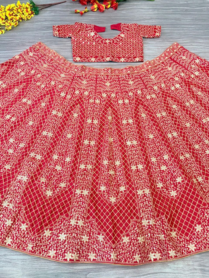 Red Premium Malai Satin Embellished With Beautiful Embroidery ,Dori, Coding, Jari Work Lehenga - INSPIRED | Ready To Wear - qivii