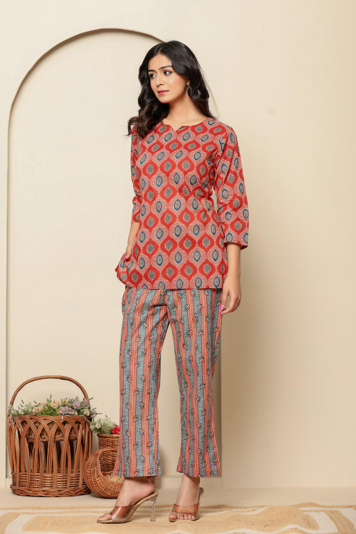Red Printed Cotton Co- Ord Set