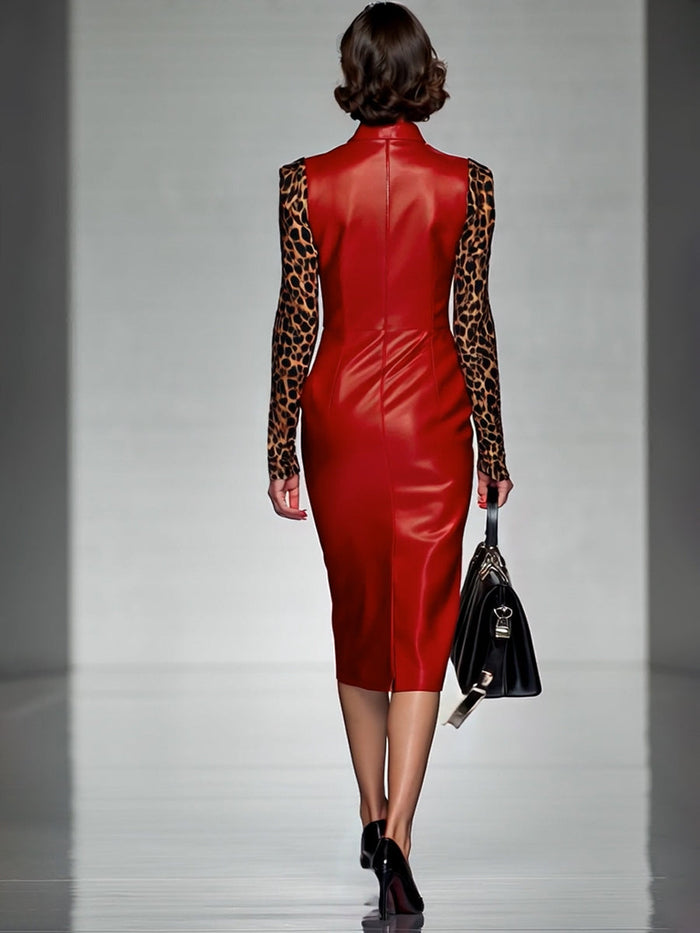Red Pu Stitching Leopard Print Zipper Midi Dress  - By Qivii
